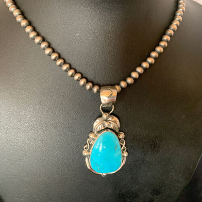 Men's Navajo Pearls Necklace with Blue Kingman Turquoise Pendant | Sterling Silver | Native American Handmade | 12599 - Masha USA