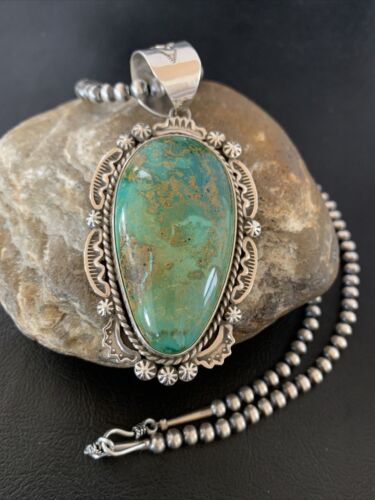 Navajo Green Royston Turquoise Pendant Necklace | Sterling Silver | Authentic Native American Handmade | 10238