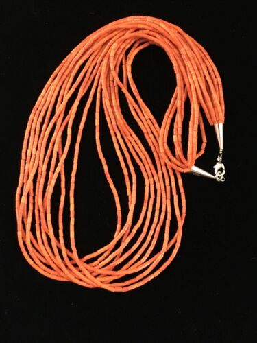 Native American Orange Spiny Heishi Necklace | 10 Strand | Sterling Silver | 20" | 10037