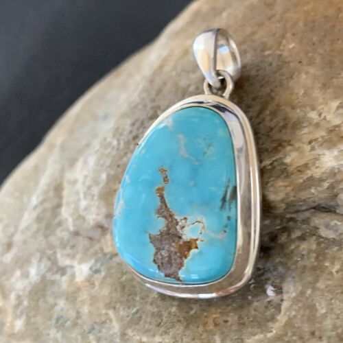 Navajo Blue Bisbee Turquoise Pendant | Sterling Silver | 1" | Authentic Native American Handmade | 1626