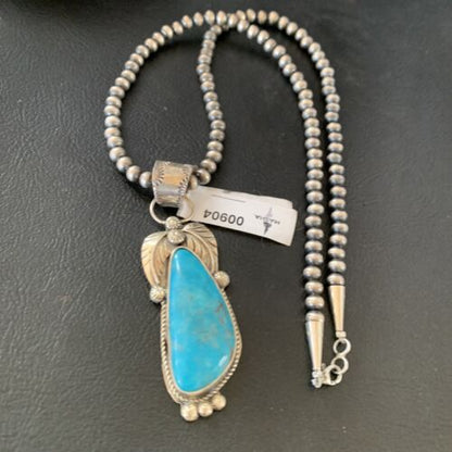 Men's Navajo Pearls Necklace with Blue Kingman Turquoise Pendant | Sterling Silver | 00904