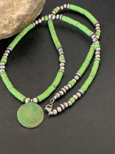 Navajo Green Gaspeite Turquoise Pendant | Sterling Silver | Authentic Native American Handmade | 12344