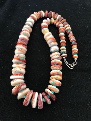 Purple Spiny Oyster & Turquoise Navajo Graduated Necklace | Sterling Silver | Authentic Native American | 24" | 3603