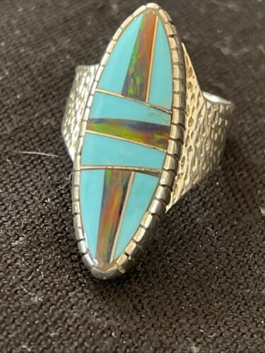 Navajo Multi-Color Opal & Turquoise Inlay Ring | Sterling Silver | Sz 7 | Authentic Native American Handmade | 1579