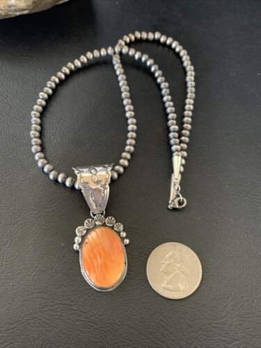 Navajo Orange Spiny Oyster Pendant Necklace | Sterling Silver | Authentic Native American Handmade | 13083