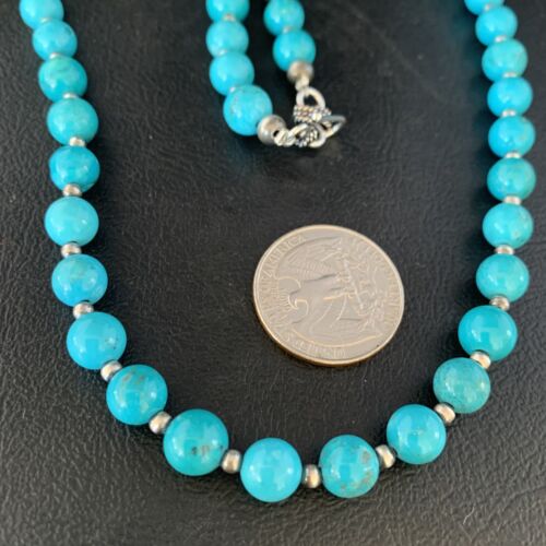 Navajo Blue Turquoise Round Bead Necklace | Sterling Silver | 21" | Authentic Native American Handmade | 13803