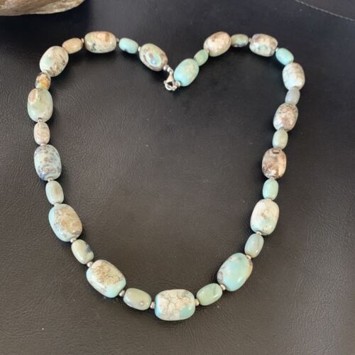 Navajo Blue Turquoise Bead Necklace | Sterling Silver | 20" | Authentic Native American Handmade | 12966