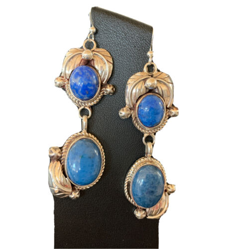 Native American Navajo Denim Lapis Dangle Earrings | Sterling Silver | 2" | 1866