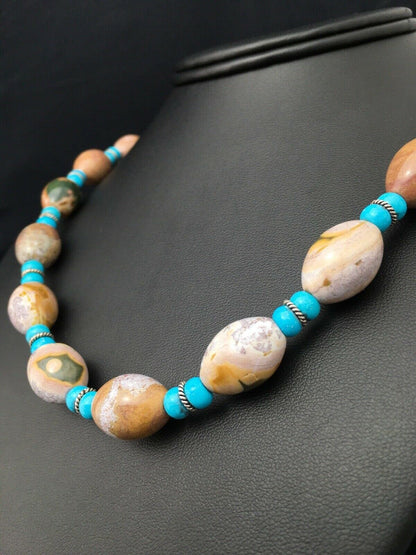 Native American Sterling Silver Blue Turquoise Agate Necklace | Authentic Handmade | 19" | 4499 - Masha USA