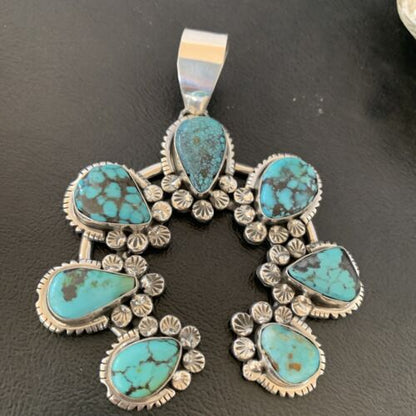 Navajo Spiderweb Turquoise Naja Pendant | Sterling Silver | Authentic Native American Handmade | 02225