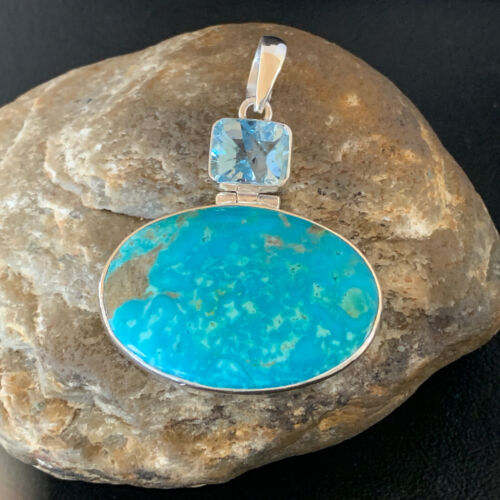 Navajo Blue Topaz Turquoise Multi-Stone Pendant | Authentic Native American Sterling Silver | 2.25" | 10713