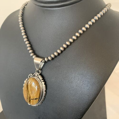 Men's Navajo Pearls Necklace | Sterling Silver | Coffee Tiger's Eye Pendant | Authentic Native American Handmade | 1541