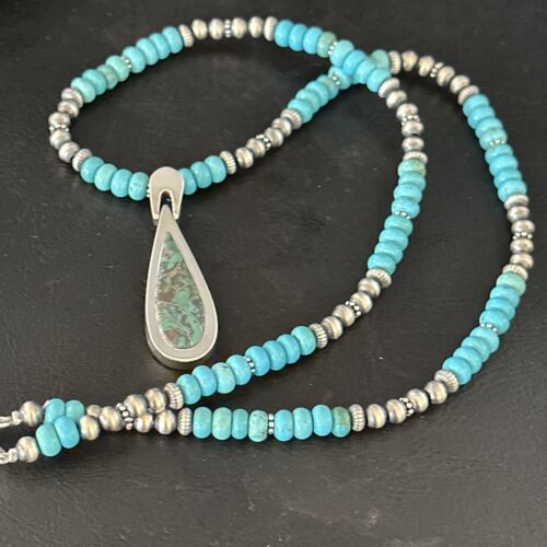 Navajo Blue Turquoise Pendant Necklace | Sterling Silver | 22" | Authentic Native American Handmade | 14603