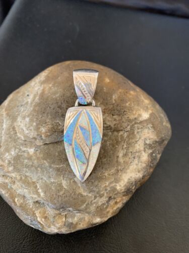 Navajo White Blue Opal Inlay Pendant | Sterling Silver | Authentic Native American Handmade | 12477