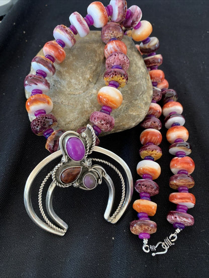 Navajo Purple Red Spiny Sugilite Necklace | Authentic Native American Sterling Silver | Naja Pendant | 00911