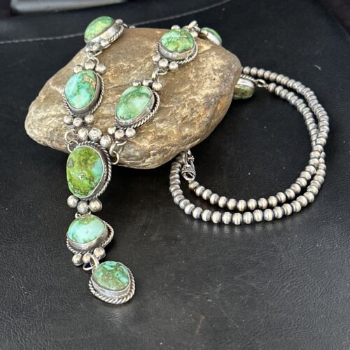 Navajo Sonoran Gold Turquoise Lariat Necklace | Sterling Silver | Native American Handmade | 14406