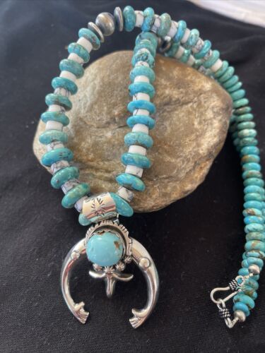 Navajo Kingman Turquoise Naja Pendant | Sterling Silver Howlite Necklace | Authentic Native American Handmade | 1388