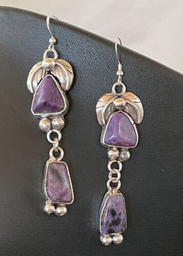 Navajo Purple Charoite Dangle Earrings | Sterling Silver | Authentic Native American Handmade | 1224
