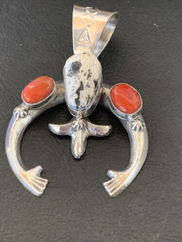 Navajo White Buffalo Turquoise Coral Naja Pendant | Sterling Silver | Authentic Native American Handmade | 11573