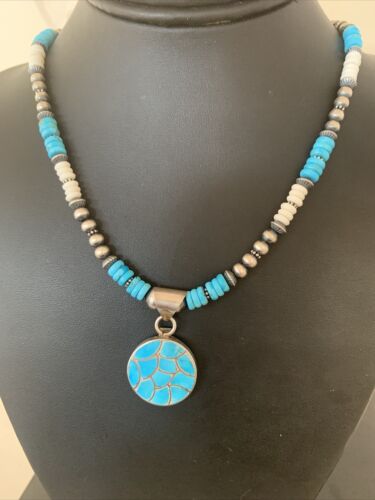 Southwestern Zuni Turquoise Necklace | Sterling Silver Inlay Pendant | Authentic Native American Handmade | 2089