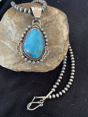 Men's Navajo Pearls Necklace | Sterling Silver Blue Kingman Turquoise Pendant | Native American Handmade | 793