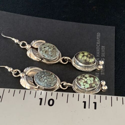 Navajo Green Spiderweb Turquoise Dangle Earrings | Sterling Silver | Authentic Native American Handmade | 13545