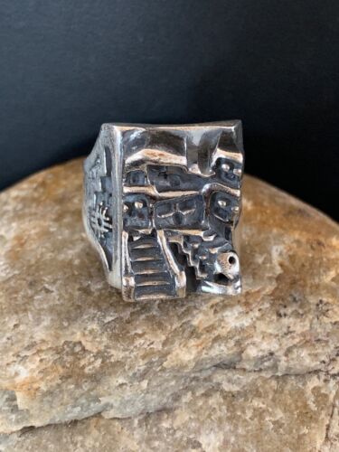 Native American Indian Mens Pueblo Cast Sterling Silver Ring Sz 14 13482