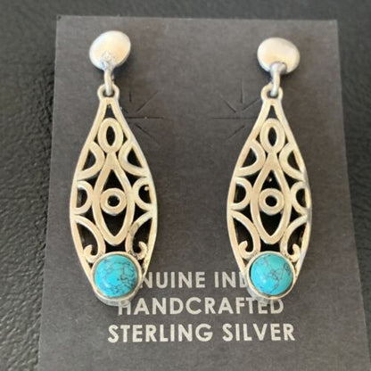 Navajo Blue Turquoise Dangle Post Earrings | Sterling Silver | 1" | Authentic Native American Handmade | 12744