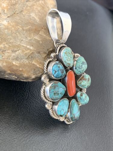 Navajo Cluster Coral Spiderweb Turquoise Pendant | Sterling Silver | Authentic Native American Handmade | 2227