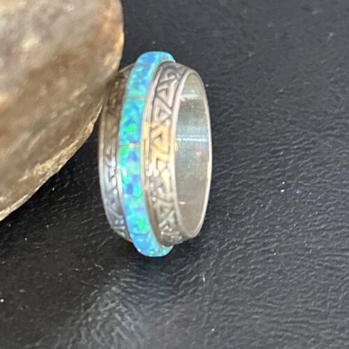 Navajo Blue Opal Inlay Eternity Band Ring | Sterling Silver | Sz 8 | Authentic Native American Handmade | 14544