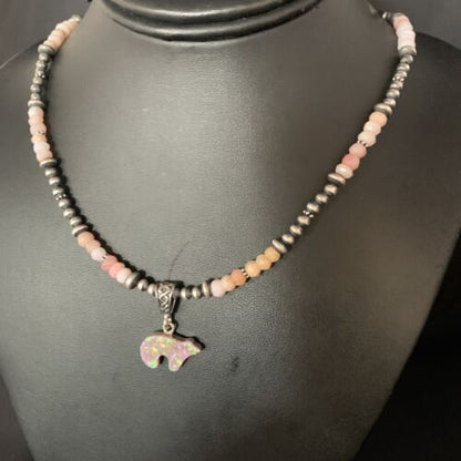 Navajo Bear Pink Opal Bead Necklace | Sterling Silver Inlay Pendant | Authentic Native American Handmade | 13459