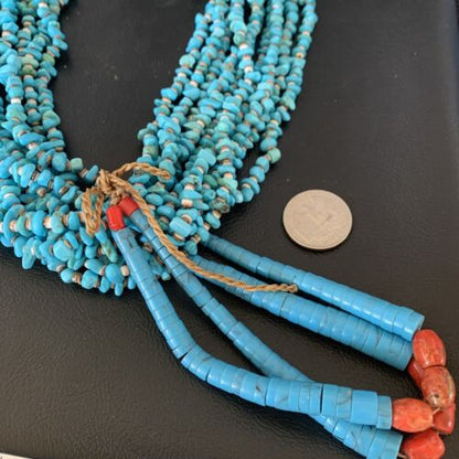 Native American Santo Domingo Blue Turquoise Coral Necklace | 10 Strand | 38" | 13178 - Masha USA