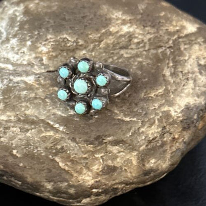 Zuni Blue Turquoise Cluster Ring | Authentic Native American Sterling Silver | Multi-Stone | Sz 7.5 | 14727