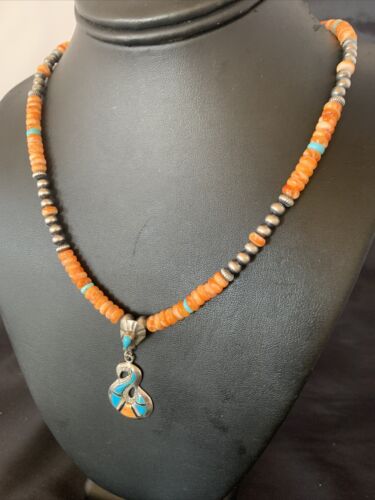 Navajo Pearls Necklace with Orange Spiny Oyster & Turquoise Pendant | Sterling Silver | Authentic Native American | 20" | 12703