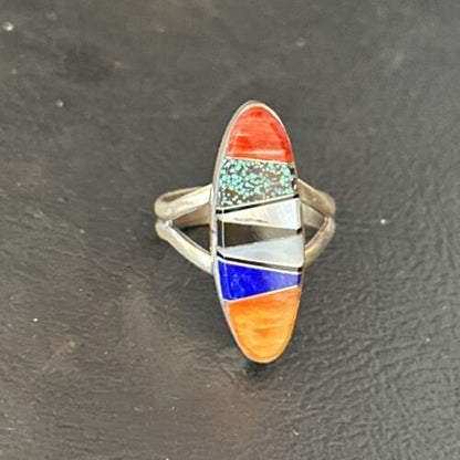 Navajo Sterling Silver Multi-Color Red Spiny Oyster Lapis Inlay Ring Sz 6 | Handmade | 14725