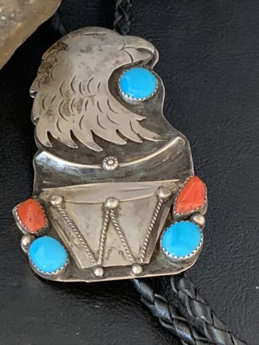 Navajo Eagle Head Bolo Tie | Men's Blue Kingman Turquoise Coral | Sterling Silver | 13670 - Masha USA