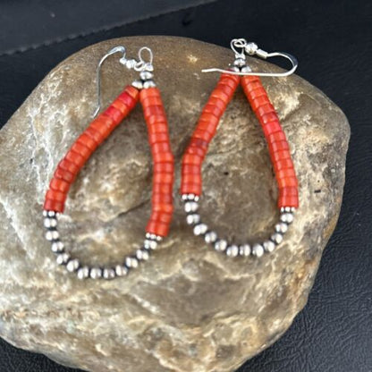 Southwestern Red Coral Dangle Earrings | Sterling Silver Heishi Bead | 2" | 14426