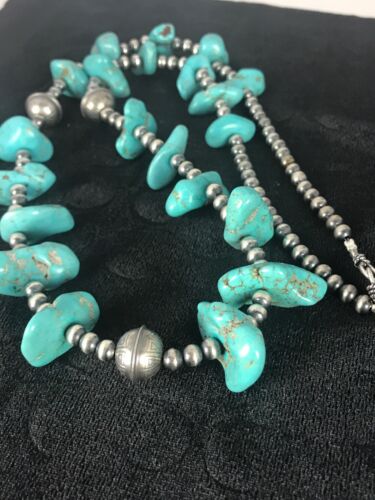 Southwestern | Santo Domingo Kingman Turquoise Bead Necklace | Authentic Native American Handmade | 26" | Quinta 8348
