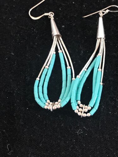 Navajo Sterling Silver Heishi Dangle Turquoise Earrings | 2" | Native American
