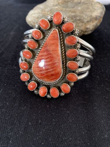 Navajo Spiny Oyster Cluster Cuff Bracelet | Sterling Silver | Authentic Native American Handmade | 4954