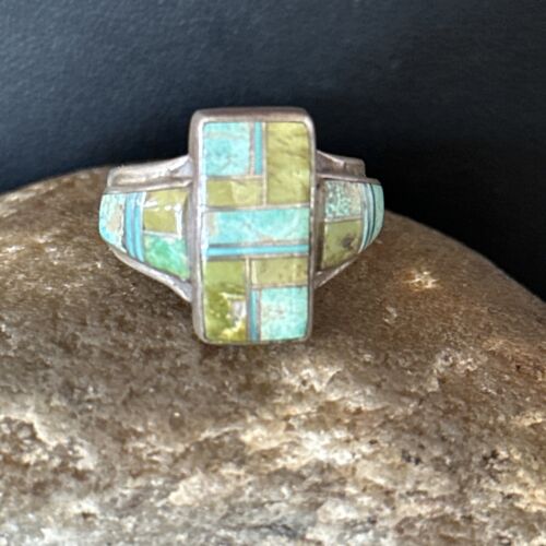 Native American Womens Navajo Blue Green Turquoise Inlay Ring Sz 7 14563