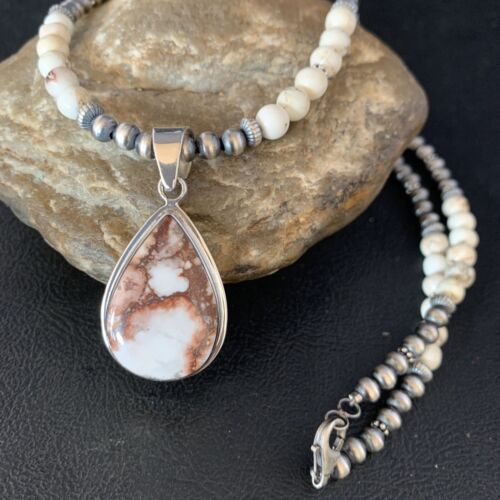 Navajo Pearls Necklace with Wild Horse Turquoise Pendant | Sterling Silver | Authentic Native American Handmade | 13902