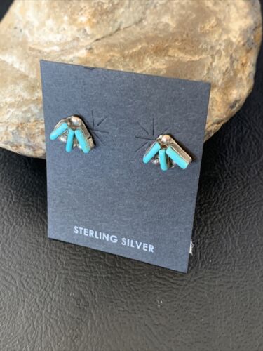 Zuni Handmade Kingman Turquoise Needle Point Stud Earrings | Sterling Silver | 13026