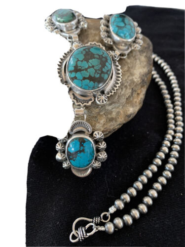 Navajo Lariat Spiderweb Turquoise Pendant Necklace | Sterling Silver | 25" | Authentic Native American Handmade | 01337