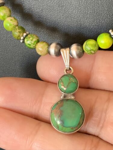 Navajo Green Gaspeite Turquoise Pendant | Sterling Silver | Authentic Native American Handmade | 12267