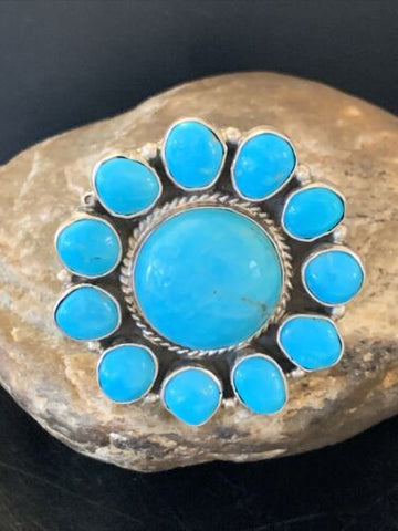 USA Navajo Sterling Blue Kingman Turquoise Cluster Adjustable Ring 7.5 11529