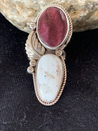 Navajo White Buffalo Turquoise & Spiny Oyster Multi-Stone Ring | Authentic Native American Sterling Silver | Sz 9 | 308