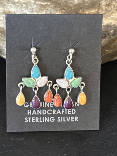 Navajo Multi-Color Turquoise Spiny Opal Inlay Sterling Earrings 1" | Handmade | 14410