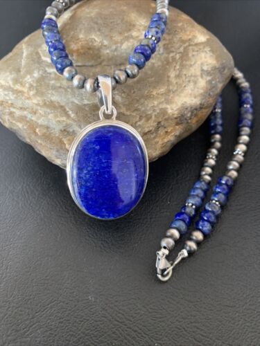 Native American Navajo Blue Lapis Pendant Necklace | Sterling Silver | Authentic Handmade | 11913 - Masha USA