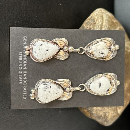 Navajo White Buffalo Turquoise Dangle Earrings | Sterling Silver | 2.5" | Authentic Native American Handmade | 14740